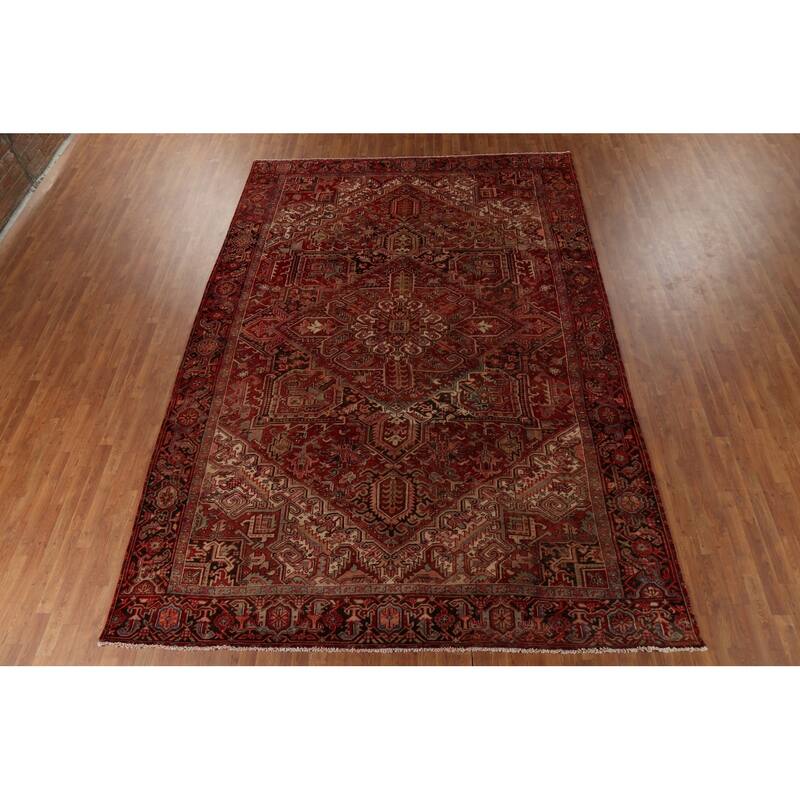 Red Geometric Heriz Persian Vintage Area Rug Hand-Knotted Wool Carpet - 9'4"x 13'5"