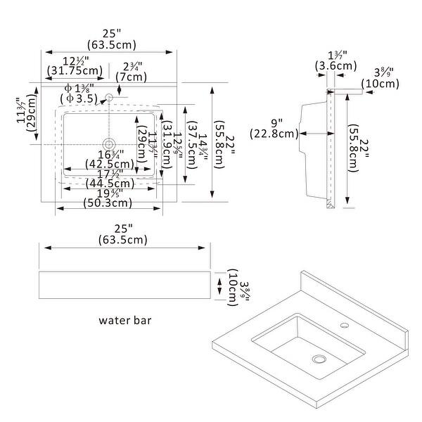 dimension image slide 14 of 22, Malaga Composite Stone Vanity Top with White Rectangular Sink