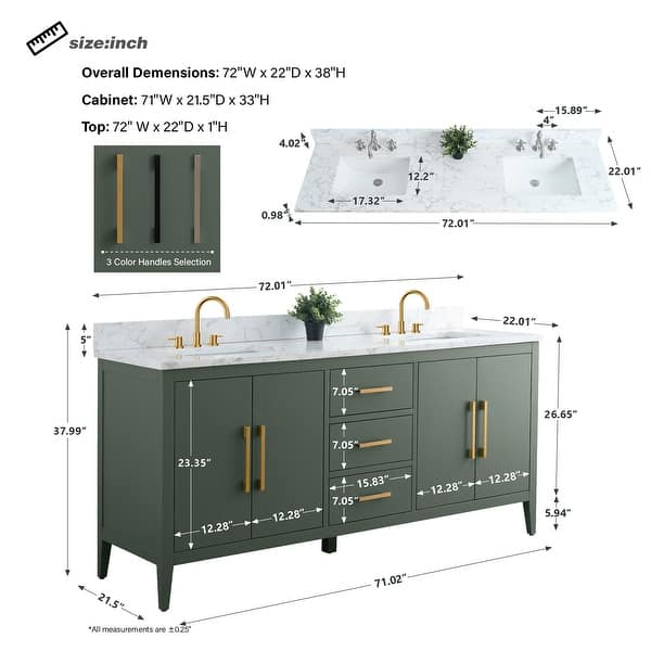 dimension image slide 3 of 10, Vanity Art 72" Double Sink Bathroom Vanity Cabinet with Engineered Marble Top