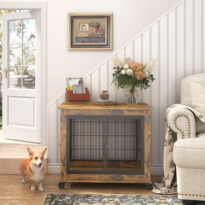 Wooden Dog Cage Crate Dog House with Double Doors on Casters