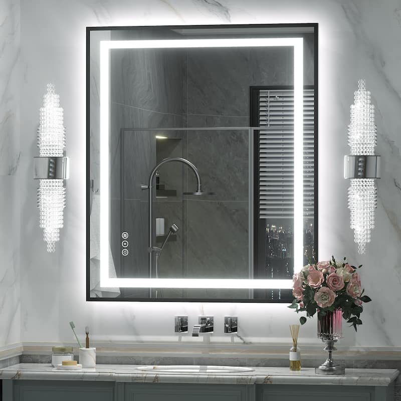 Black Metal Framed LED Front Light and Backlit Anti-Fog Wall Bathroom/ Vanity Mirror - 36" x 30"-Square Corner - Black