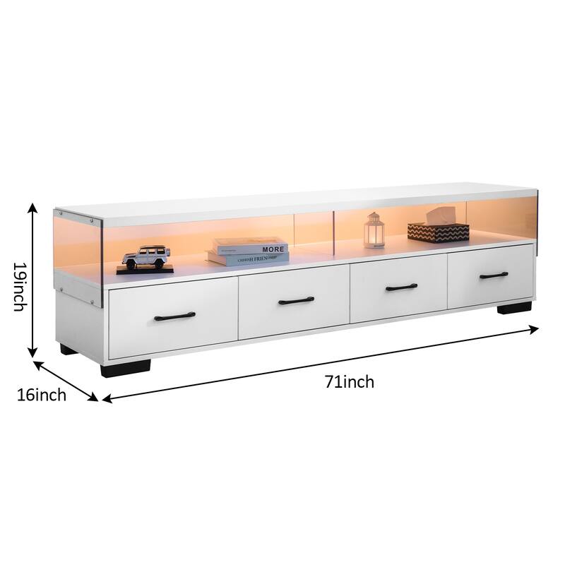 Modern TV Stand Entertainment Center for TVs up to 80" with 4-Drawer and 2 Open Shelves, for Living Room, White