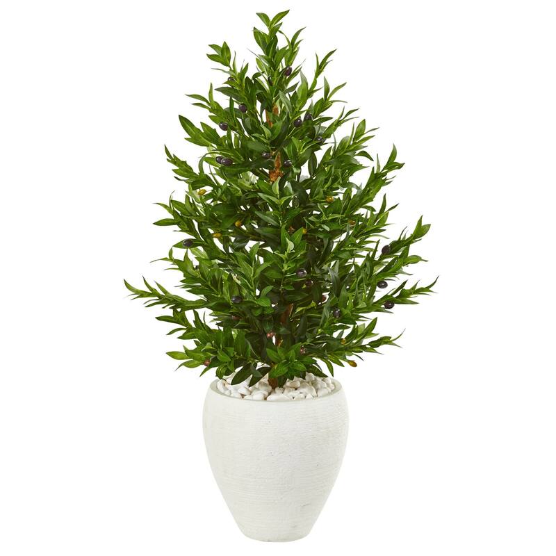 Artificial Olive Tree Topiary Cone - 3.5ft Indoor Outdoor Plant in White Planter - Green - 41-50 Inches