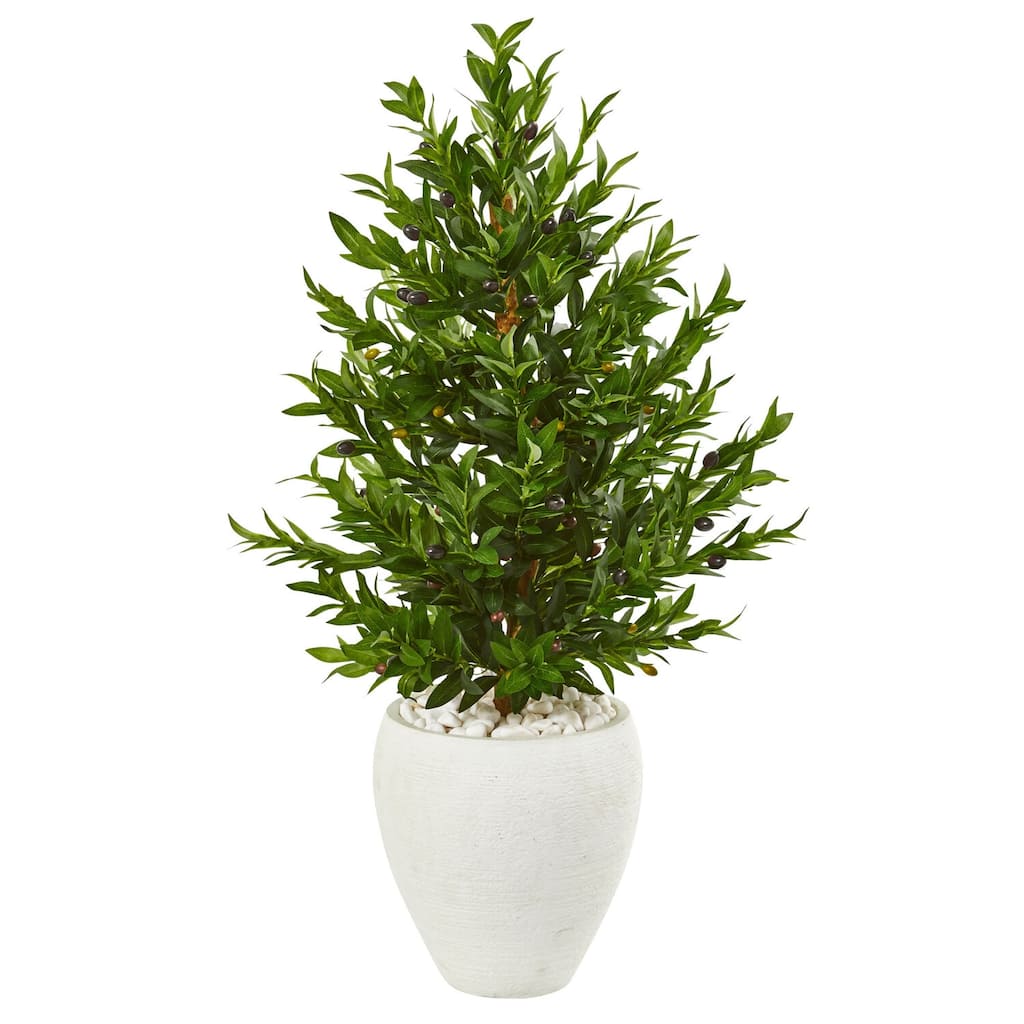 Artificial Olive Tree Topiary Cone - 3.5ft Indoor Outdoor Plant in White Planter - Green - 41-50 Inches