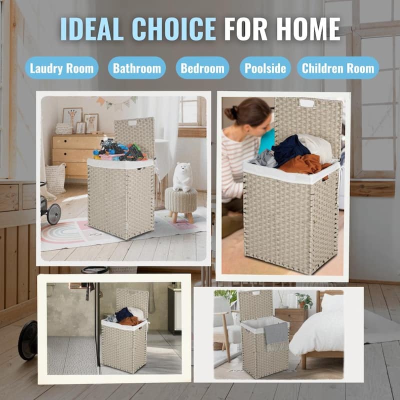 100L 24in.H Laundry Hamper With Lid PE Rattan with 2 Removable Bags