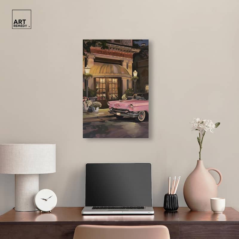 Classic Car Store Visit Canvas by Art Remedy, Gallery Wrapped