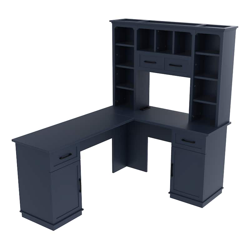 L-Shaped Computer Desk with 2 Cabinets and 2 Drawers,11 Open Shelves,with Electrical Outlet,for Study,Living Room and Office