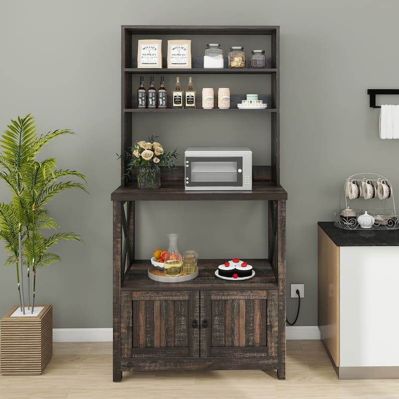 Baker's Rack Coffee Bar Cabinet Microwave Stand Rustic With Power Outlet