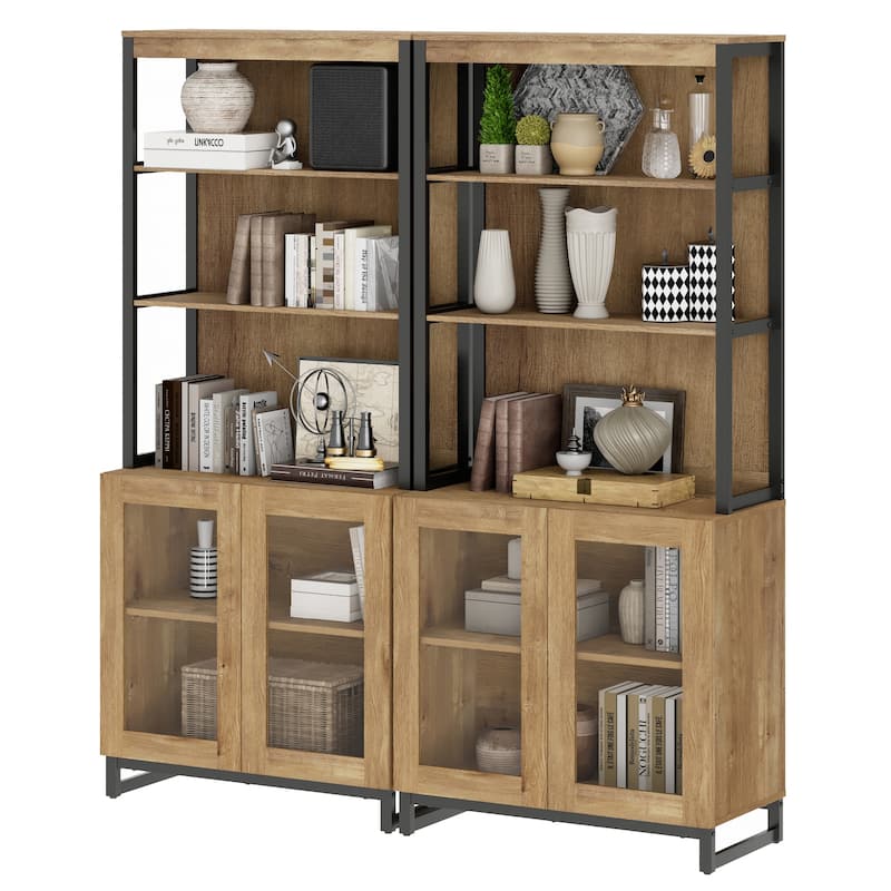 2 PCS Modern 72" Tall Bookcases with Glass Doors and Adjustable Shelves for Home Office, Living room.