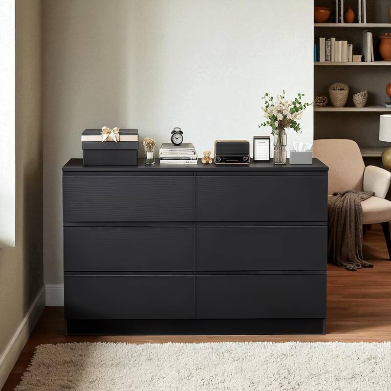6 Drawer White Dresser, Modern Wood Storage Cabinet with Wide Top and Concealed Handles, Bedroom Chest Organizer - Black