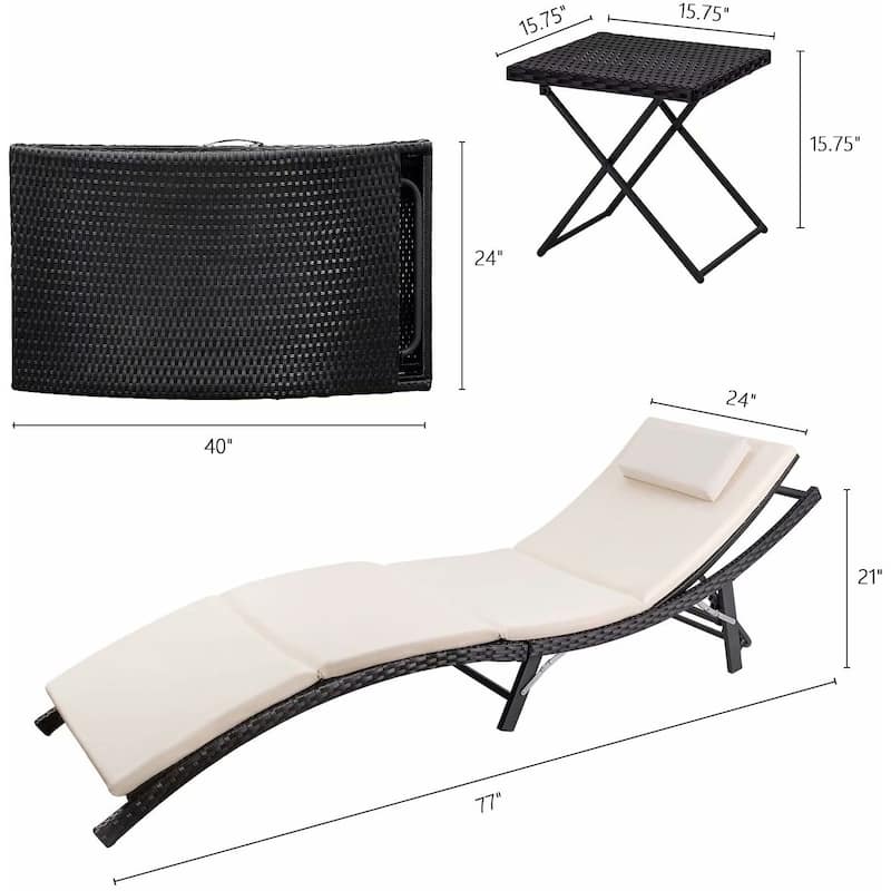 Homall Patio Chaise Lounge Sets Outdoor Rattan Adjustable Back 3 Pieces Cushioned Patio Folding Chaise Lounge with Folding Table