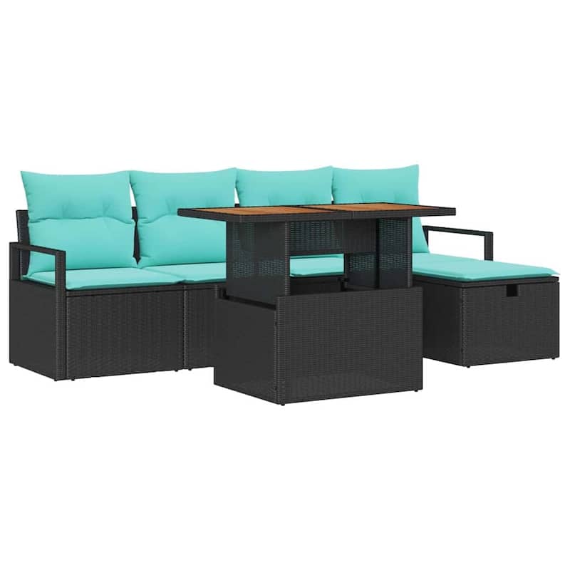 vidaXL 6 Garden Sofa Set with Cushions Black/Grey Poly Rattan - 90.6 x 46.1 x 27.2