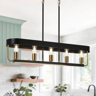 Modern Farmhouse 5-Light Island Chandelier Black Gold Lights for Kitchen Island - 35"L*W6.5"*H7.5"