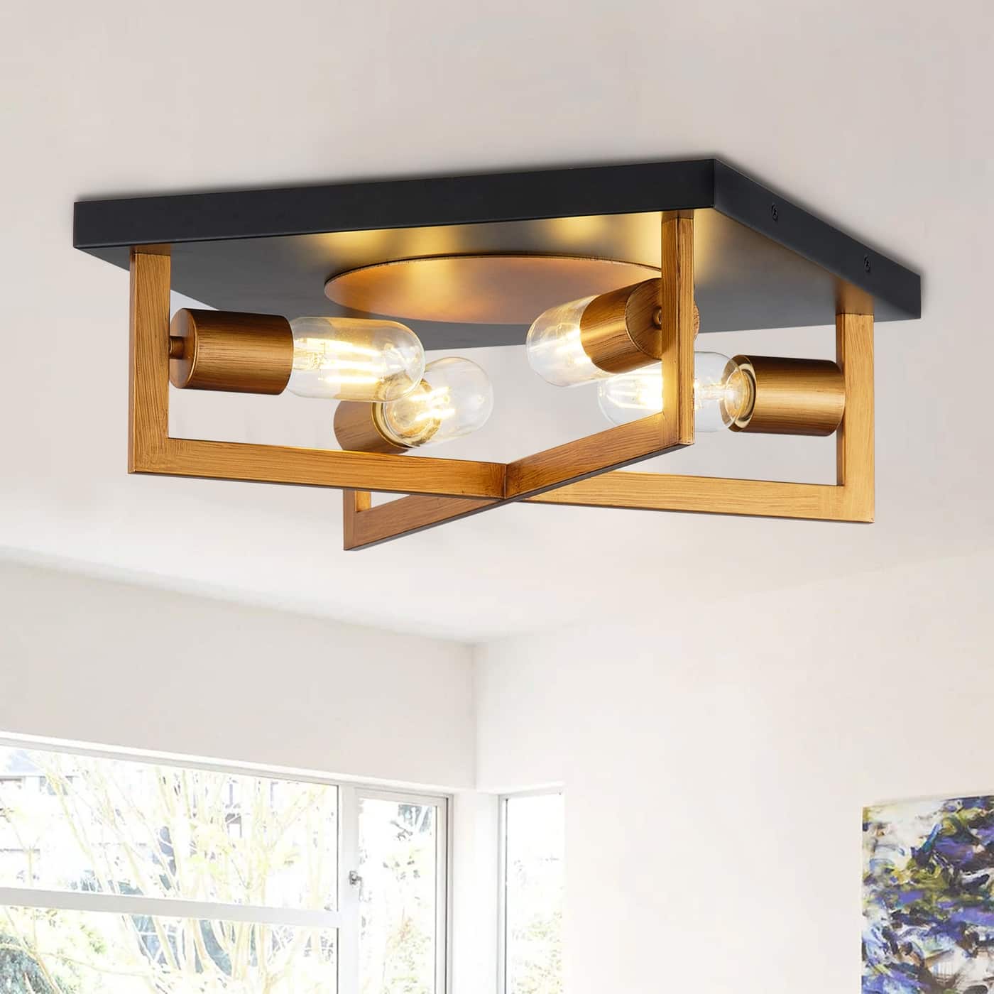Matte Black and Brushed Gold Metal Frame Cage Flush Mount Ceiling Light
