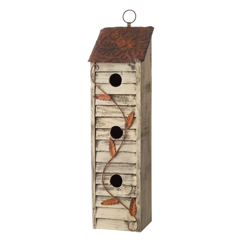 Glitzhome 18"H Three-Tier Distressed Solid Wood Window Shutters Birdhouse - Off-White