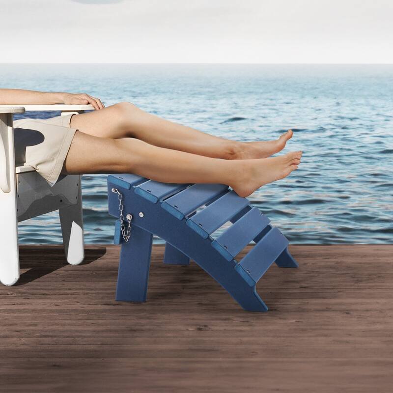 Blue HDPE Foldable Adirondack Ottoman Foot Stool Ideal for Various Outdoor Spaces - 15.7 x 18.9 x 13 in