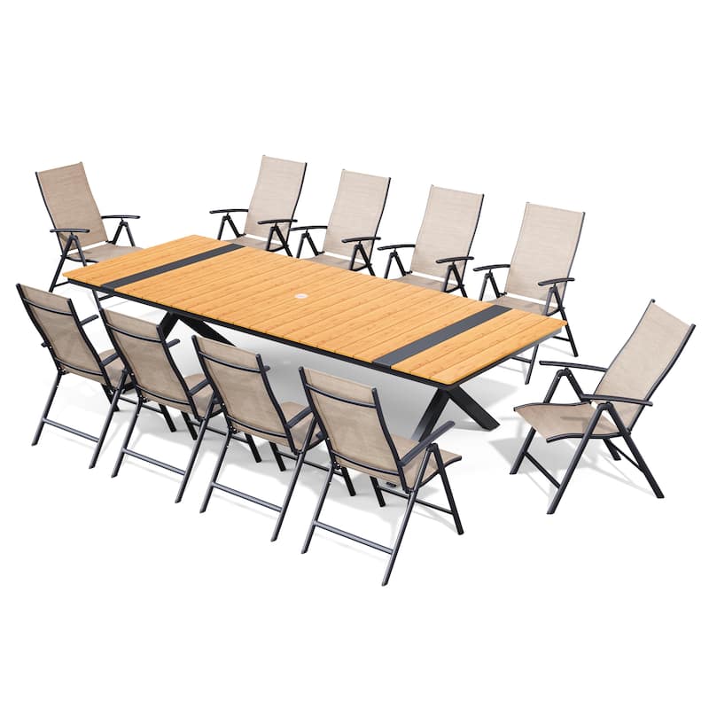 Aluminum Rectangular Outdoor Patio Dining Table with Durable Adjustable Reclining Folding Chair - 118.1in-Brown-Table&Espresso-Chair