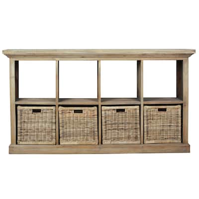 Driftwood Wooden Sideboard with 8 Shelves and 4 Rattan Baskets - 67" - Brown
