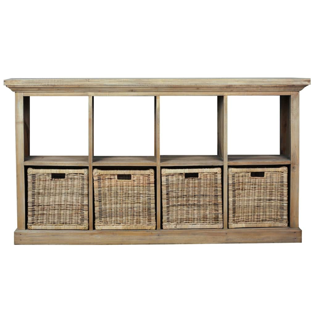 Driftwood Wooden Sideboard with 8 Shelves and 4 Rattan Baskets - 67" - Brown