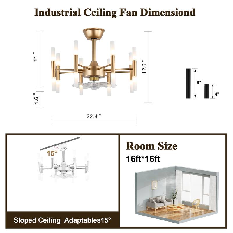 Bella Depot 6-Lighr Gold French Country Metal Candle Ceiling Fan 6-Speed with Light Kit and Remote Control - 22.4 Inches