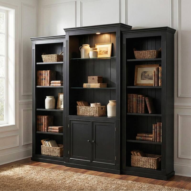 78.75" Tall 3-Piece Bookcase with Adjustable LED Light, Tempered Glass Shelves for Living & Office