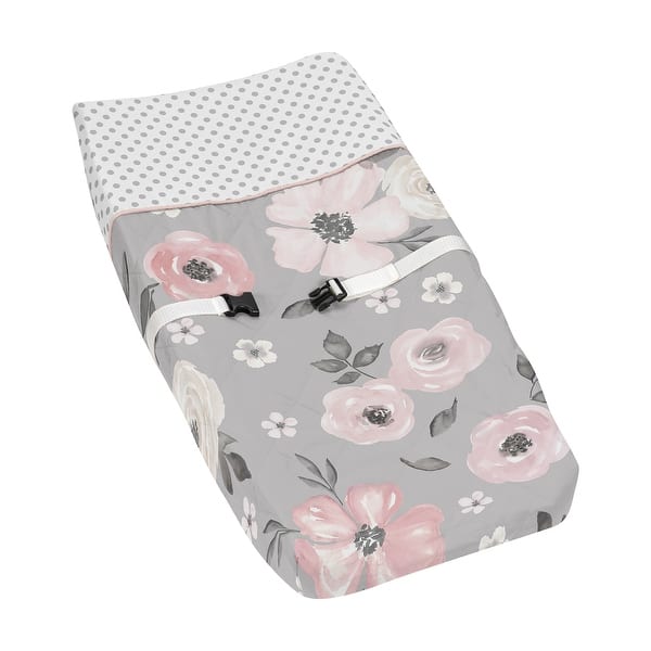 slide 2 of 6, Grey Watercolor Floral Collection Girl Changing Pad Cover - Blush Pink Gray White Shabby Chic Rose Flower Polka Dot Farmhouse