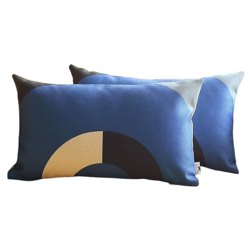 Set of Two 12" X 20" Blue Black and Beige Geometric Fabric Lumbar Throw Pillows