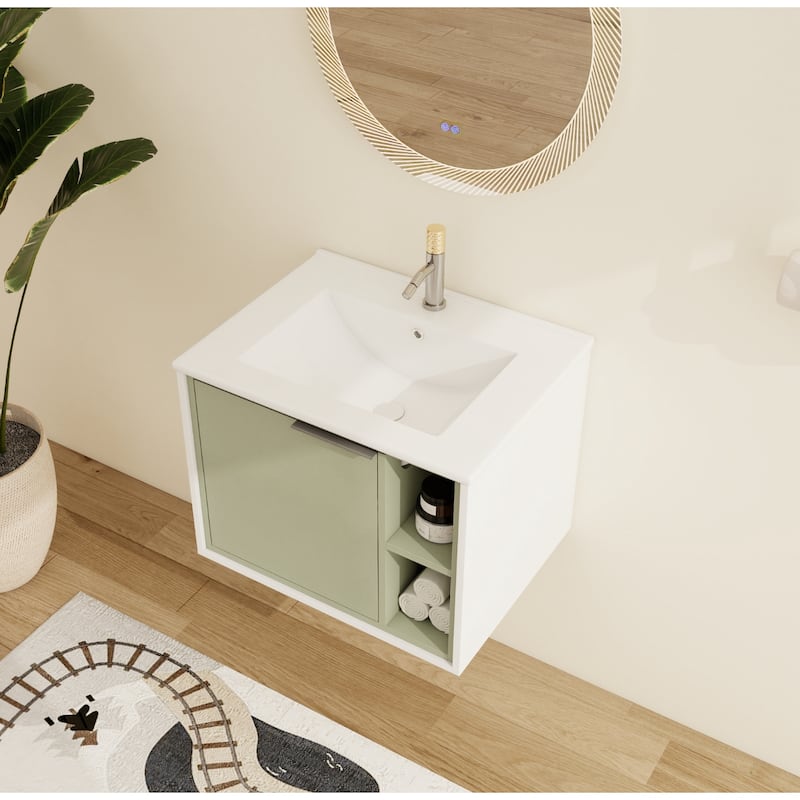 Malwee 24"/30" Floating Bathroom Vanity, Wall Mounted Bathroom Vanity with Ceramic Sink,Soft Close Door and Shelf