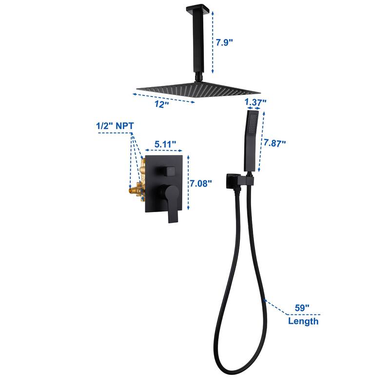 Ceiling Mount Shower Faucet Set With Hand Shower Rainfall Shower System Set 12 Inch Shower Head Set With Pressure Balance Valve