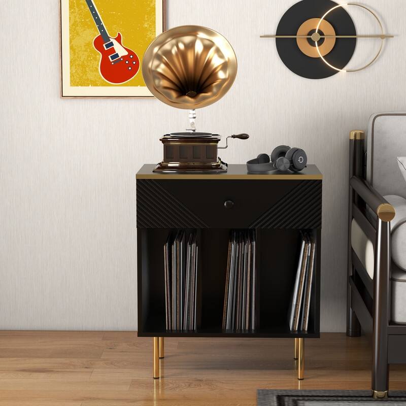 24 "W Record Player Table Holds,One Drawer Record Shelf for Albums,Black Audio Holder