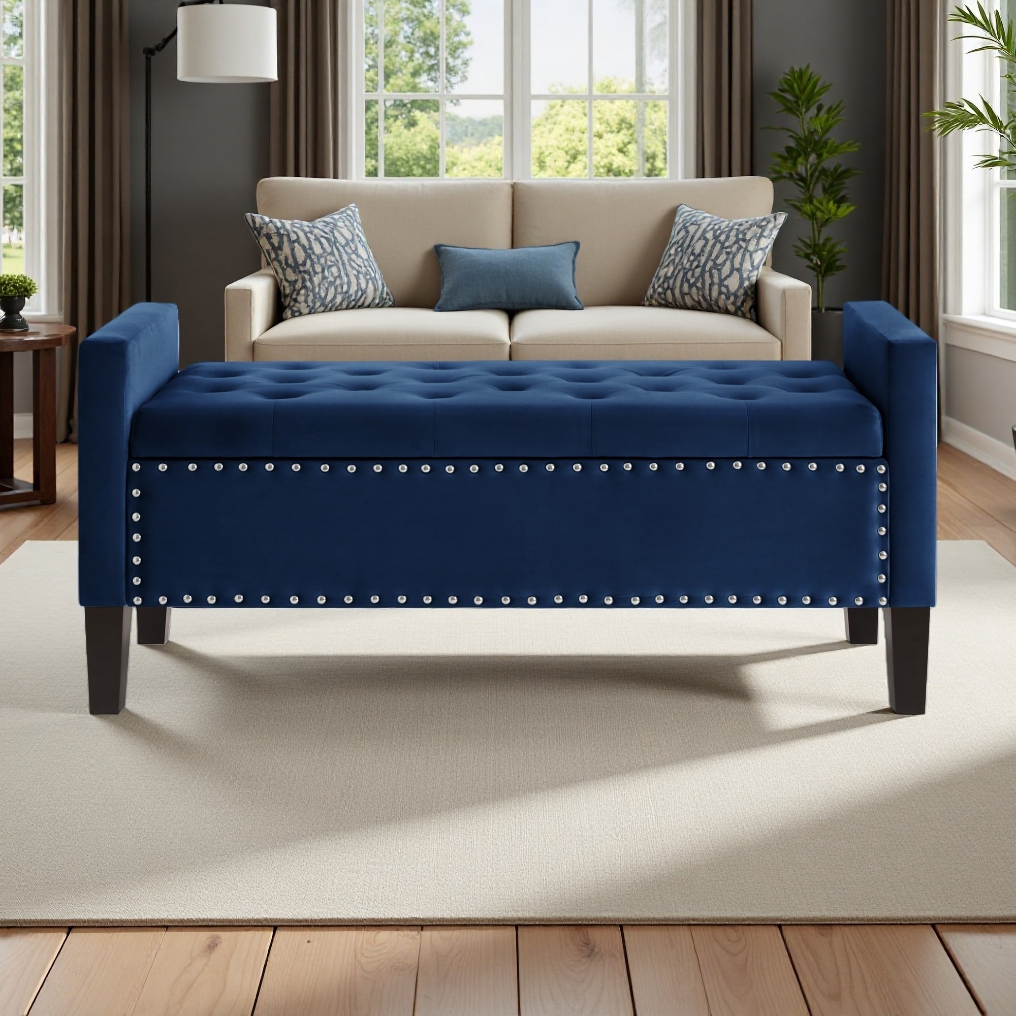 48"L Velvet Upholstered Tufted Button Storage Bench with Nail Trim and Armrest, Padded Seat for Entryway Living Room Bedroom