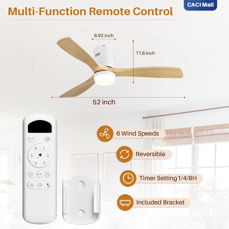 Sofucor 52" Low Profile Flush Mount Noiseless Ceiling Fan with Light and Remote,3 Solid Wood Blades,6 Speed Levels