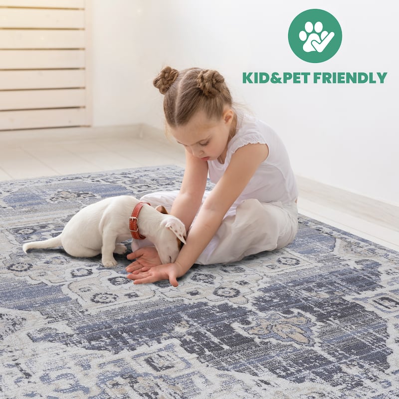 LOOM & LUXE Collection Cream/Blue/Medallion Non-Shedding Area Rug