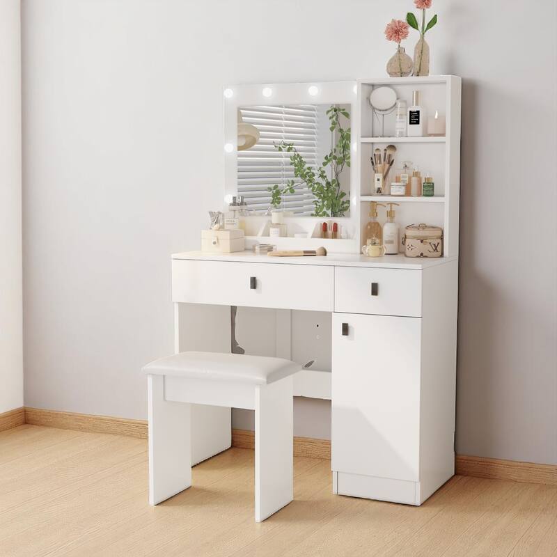 35" Makeup Vanity Table with Lighted Mirror, Hidden Storage Cabinet, Drawers & Touch Control Lighting Modes