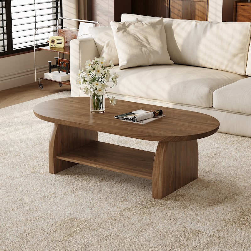 47.4" Oval Walnut Coffee Table with Storage Shelf, Modern Wooden Coffee Table for Living Room - Wood
