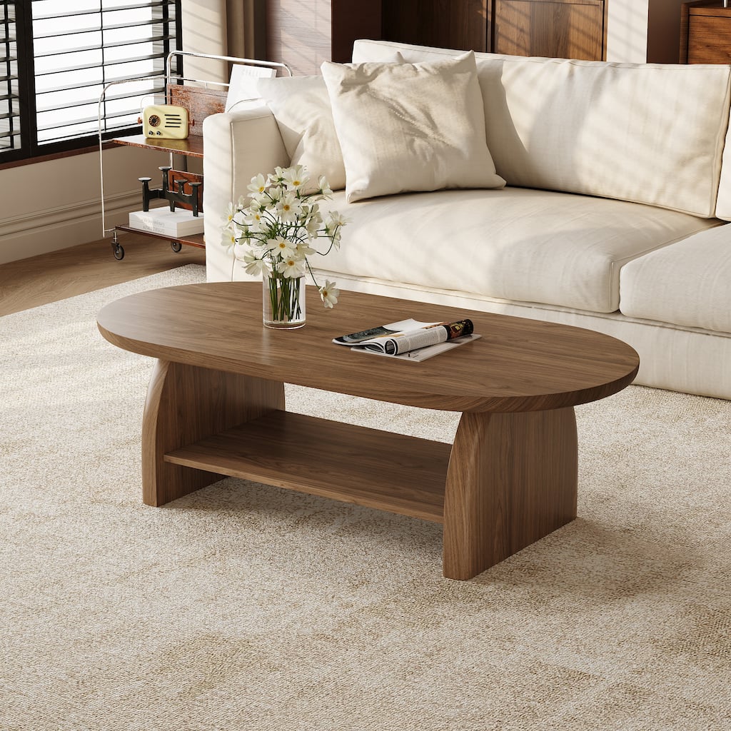 47.4" Oval Walnut Coffee Table with Storage Shelf, Modern Wooden Coffee Table for Living Room