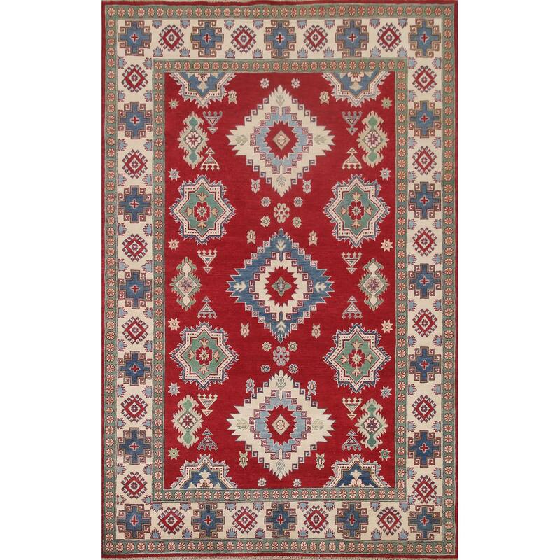 Hand Knotted Oriental 100% Wool Carpet Traditional Geometric Red Kazak Area Rug - 9' 10'' X 6' 8''