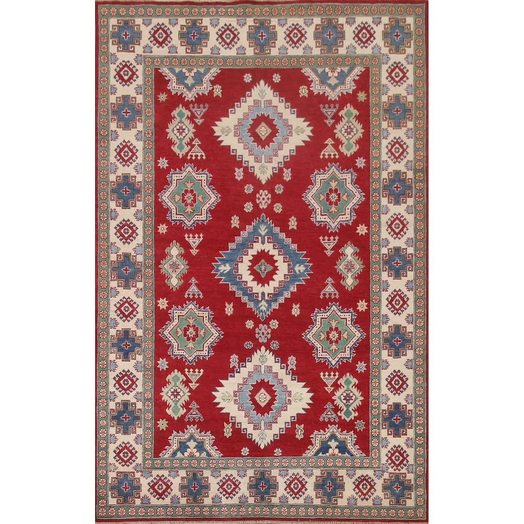 Hand Knotted Oriental 100% Wool Carpet Traditional Geometric Red Kazak Area Rug - 9' 10'' X 6' 8''