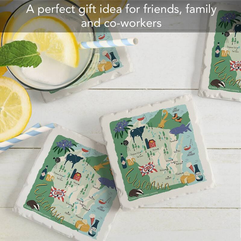 Wisconsin Home 4-Pack Absorbent Stone Coasters with Protective Cork Backing 4" Square Made in The USA Easily Wipes Clean