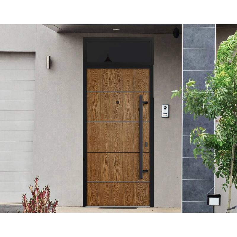 Exterior Prehung Steel Entry Door 0131 Black Enamel 2 Sidelites Top Window Stainless Steel Inserts W16+36+16xH80+16