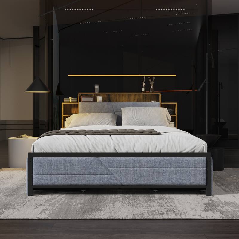 French Queen Size Bed Frame Platform with Brown/Black Storage Headboard & 4 Storage Drawers - Blue and Brown