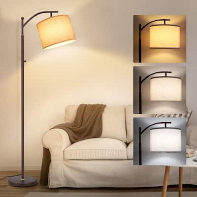 Arched Floor Lamp with Brown Linen Shade for Living Room - N/A