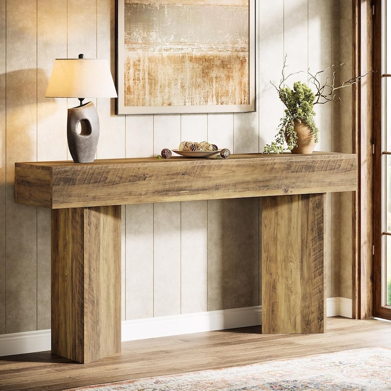 63-Inch Brown Engineered Wood Entryway Table, Farmhouse Long Sofa Table Behind Couch for Living Room