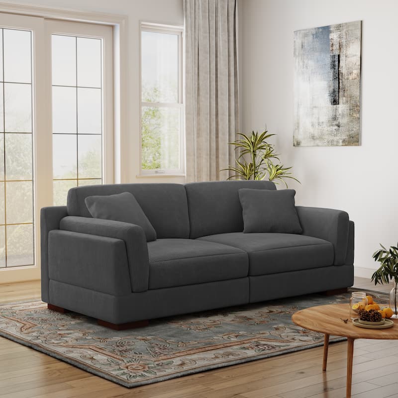 90.2"W Corduroy Upholstered Living Room Sofa - Grey-2Pillows