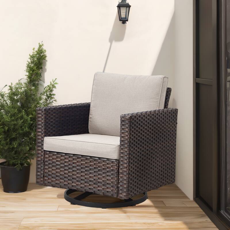 Gymojoy Wicker Swivel Glider Chair with 4 inch Olefin Cushions - 1-Piece - Brown Wicker / Beige Cusion