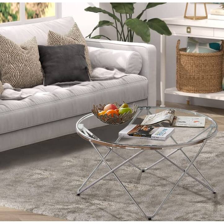 Sicotas 31.4" Round Glass Coffee Table,Adjustable Sofa Table