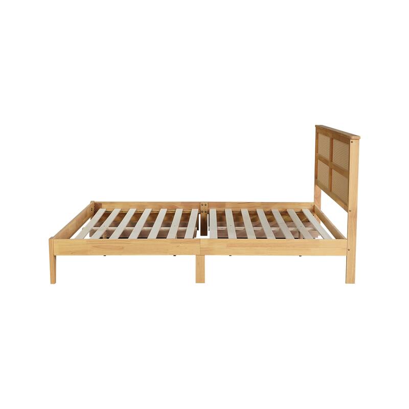 King Size Bed with Rattan Headboard, 2 Under-Bed Storage Drawers, Solid Rubber Wood Frame with Enhanced Support