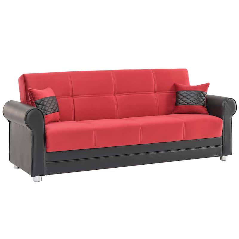 HomeRoots 89" Black And Burgundy Faux Leather And Velvet Convertible Futon Sleeper Sofa With Toss Pillows And Storage