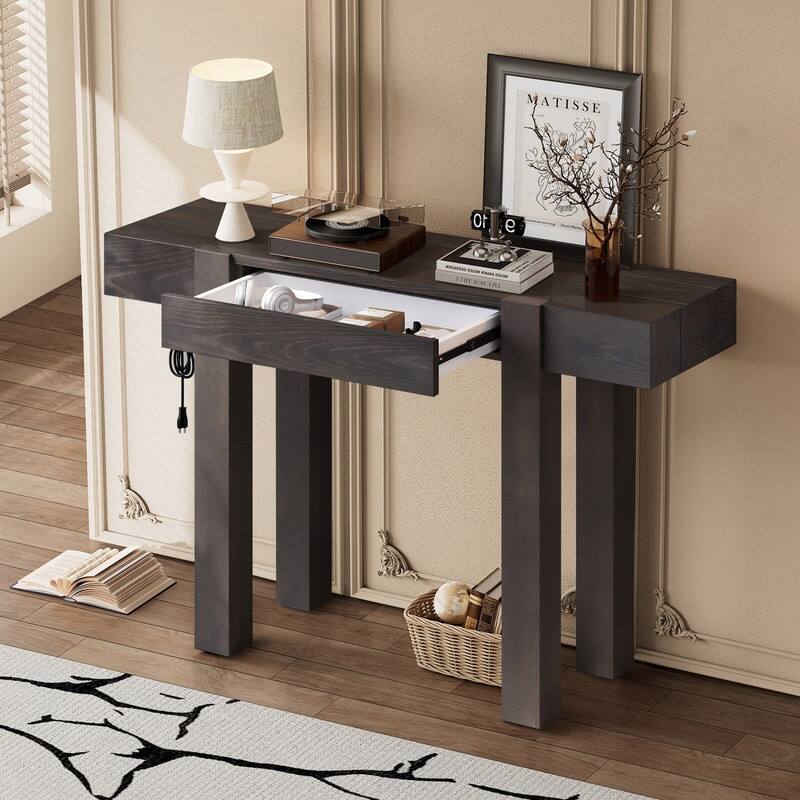 Modern 47.2" Wooden Console Table with Hidden Drawer and Side Power Outlet for Entryway or Living Room