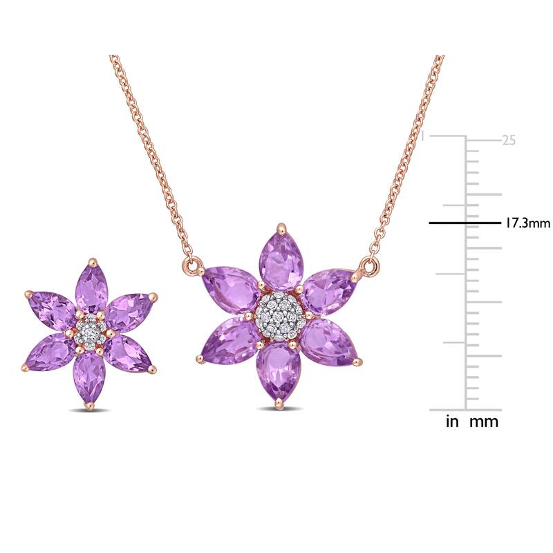 Miadora Amethyst & 1/6ct TDW Diamond Clustered Floral Stud Earrings & Necklace Set in 10k Rose Gold